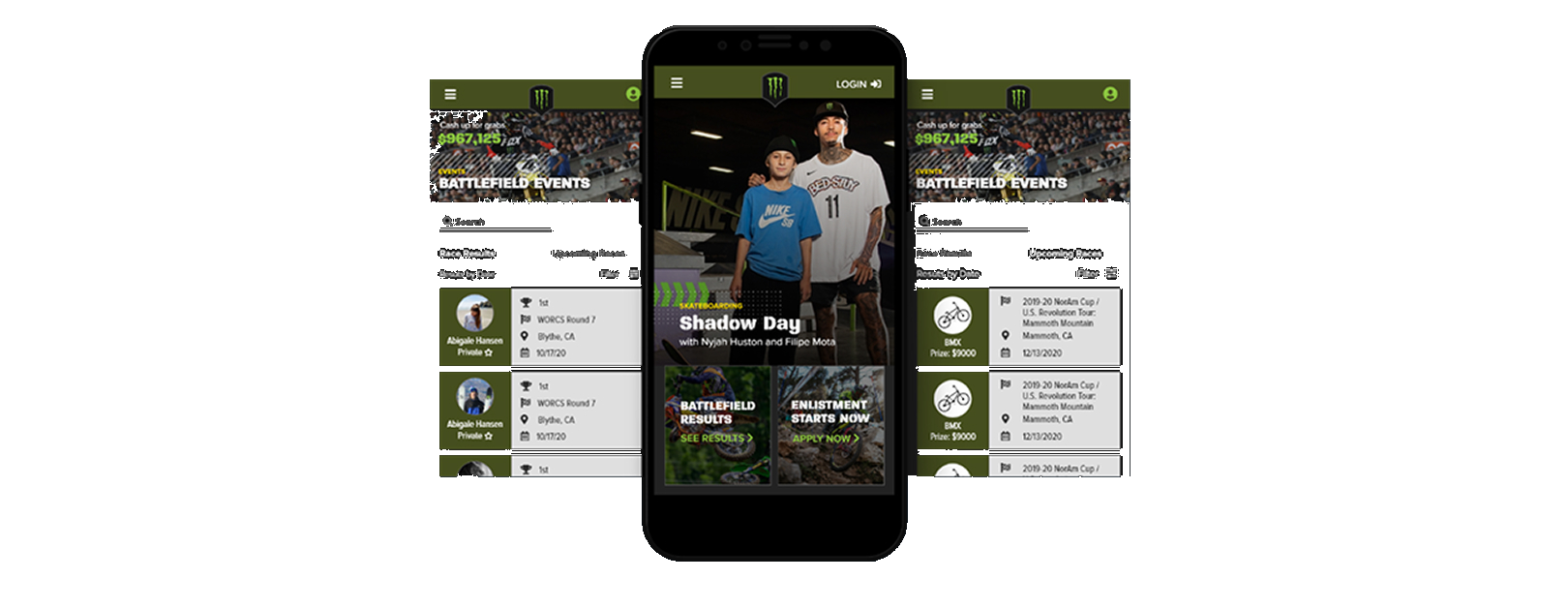 Three phone screens: the redesigned Battlefield Events feed, an athlete spotlight, and upcoming races.