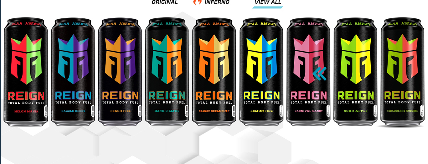 The complete Reign Total Body Fuel flavor lineup — nine cans from Melon Mania to Strawberry Sublime — on a light hex-pattern background.