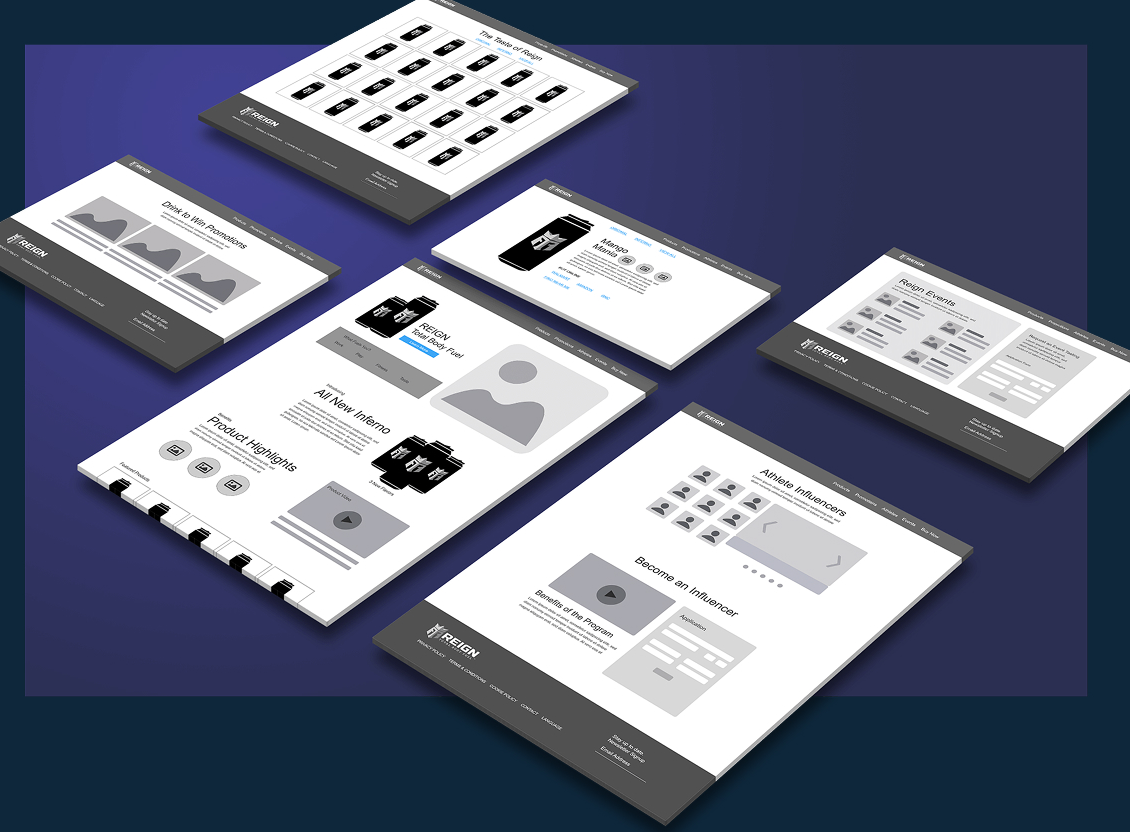 A spread of low-fidelity wireframes for the Reign site — product grids, promotions, ambassadors, and event pages — arranged on a purple backdrop.
